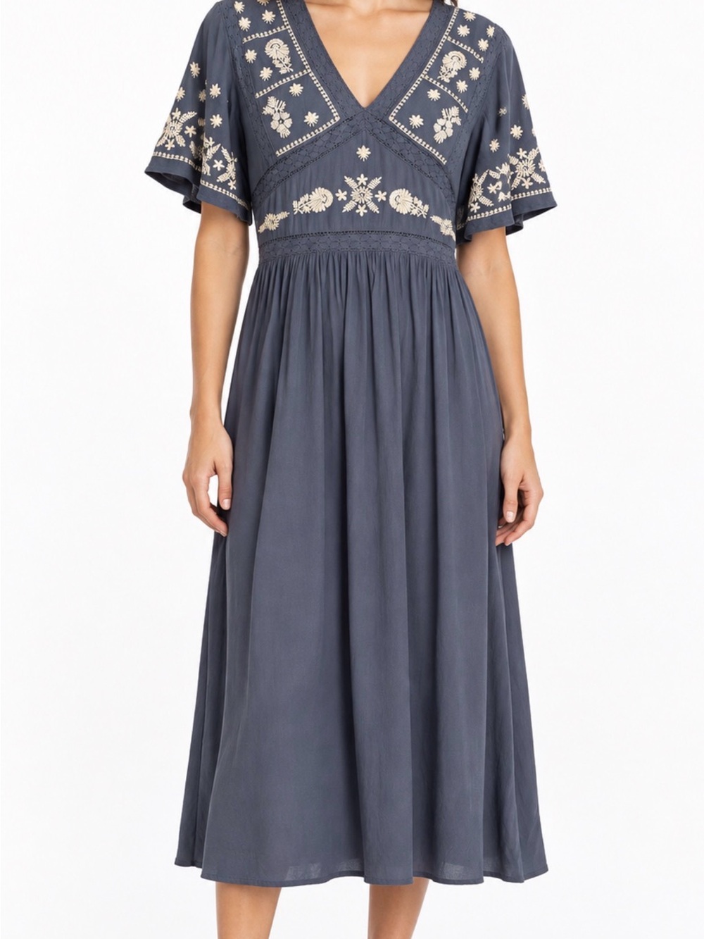 In Bloom Slate Blue Midi Dress with Cream Embroidery